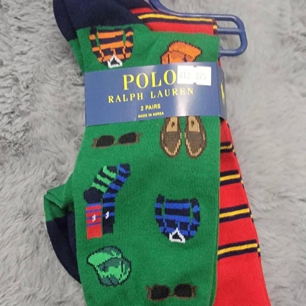 Polo Ralph Lauren Socks Mens 6-12.5 Green Preppy Rugby Stripe Mid Calf 2 Pack